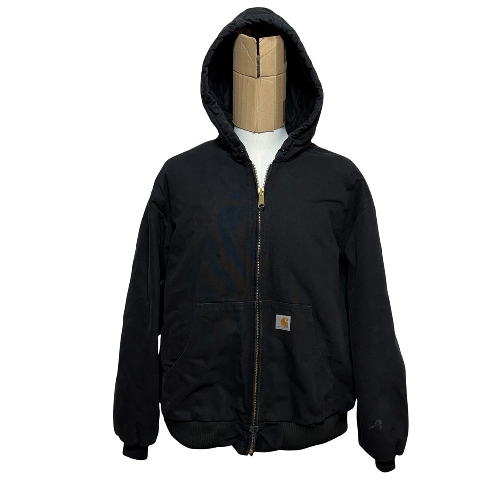 Carhartt Jacket Mens 2XL Black Duck Canvas J140-BLK Hood Insulated Flannel Lined
